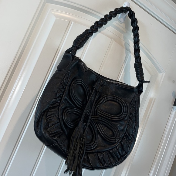 Black leather Frosting Mary Norton swirly oversized purse handbag tassels boho - Picture 14 of 15